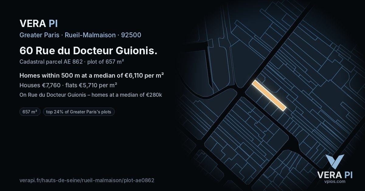 60 Rue du Docteur Guionis, Rueil-Malmaison at night – the plot lit, the parcels around coloured by the prices near them