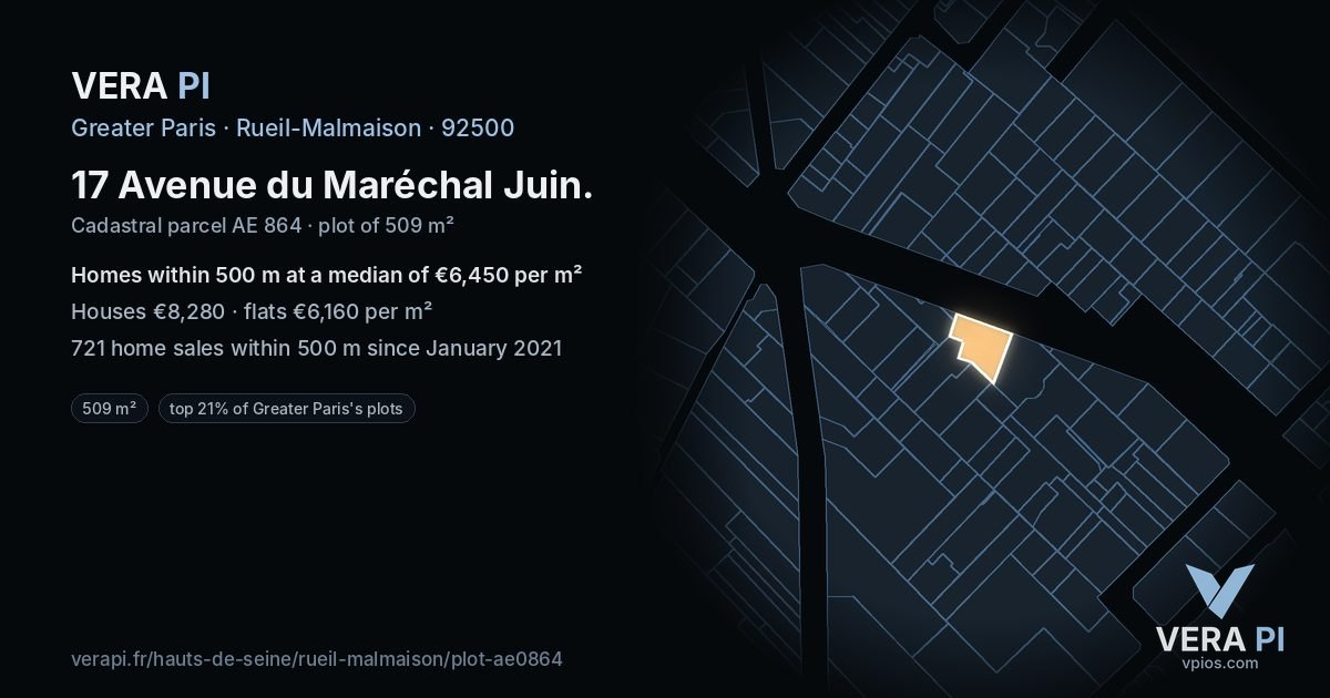17 Avenue du Maréchal Juin, Rueil-Malmaison at night – the plot lit, the parcels around coloured by the prices near them
