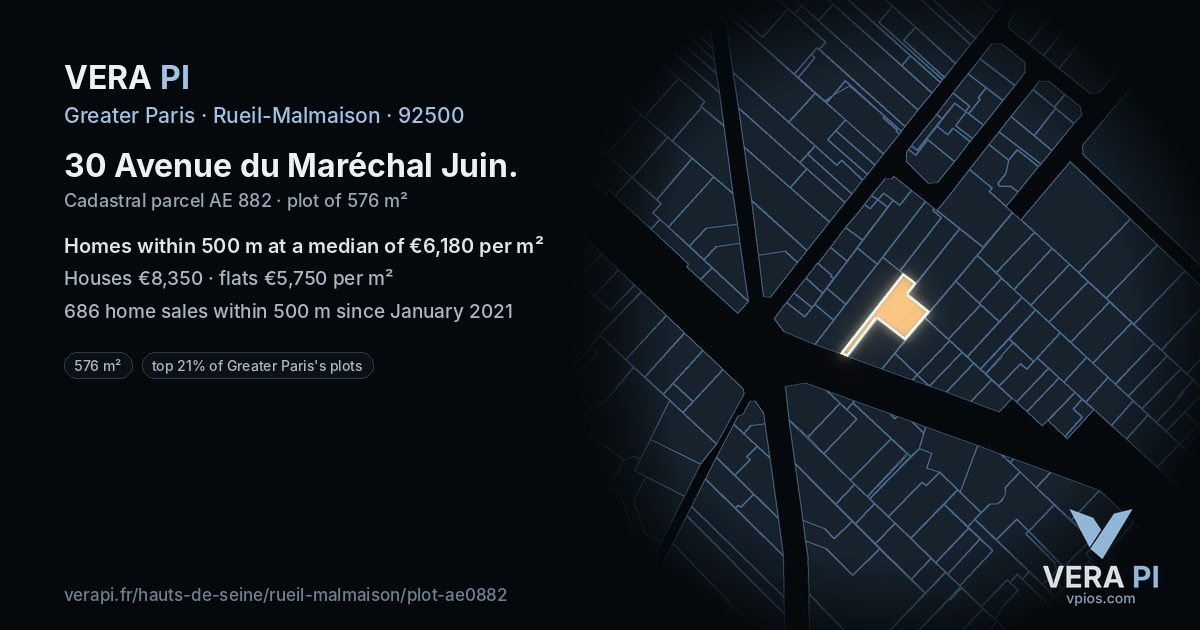 30 Avenue du Maréchal Juin, Rueil-Malmaison at night – the plot lit, the parcels around coloured by the prices near them