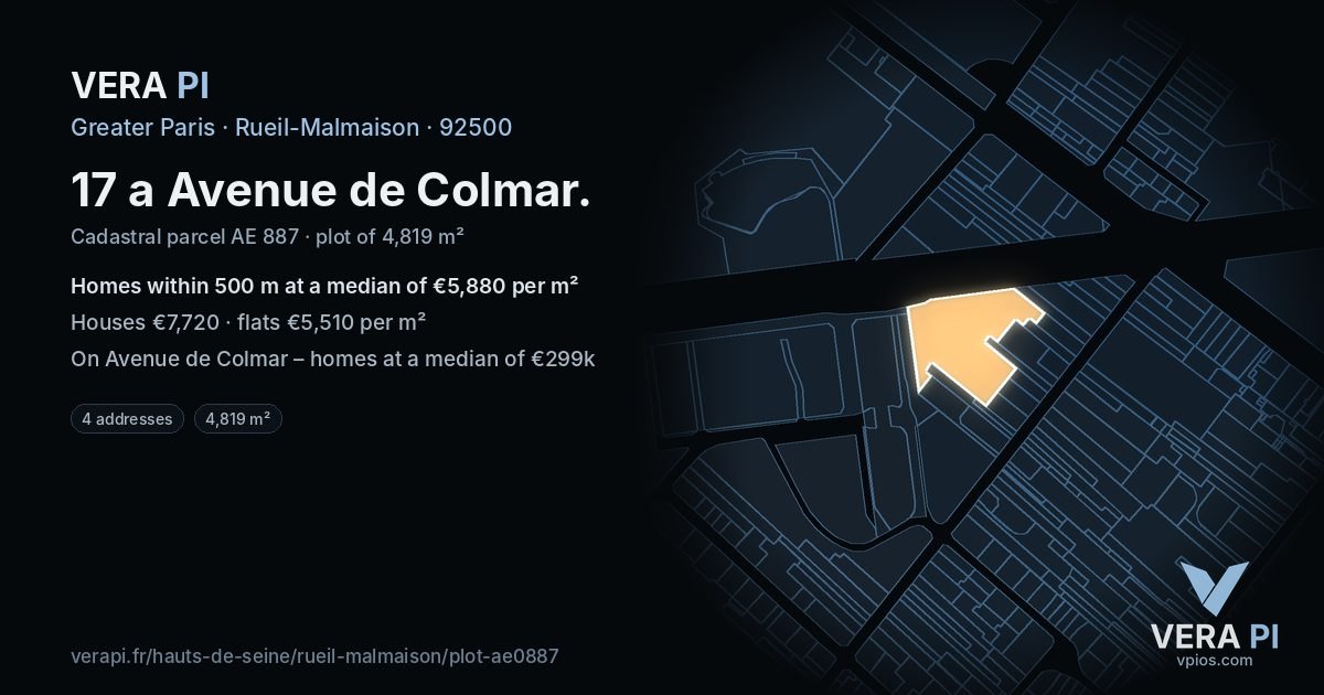 17 a Avenue de Colmar, Rueil-Malmaison at night – the plot lit, the parcels around coloured by the prices near them