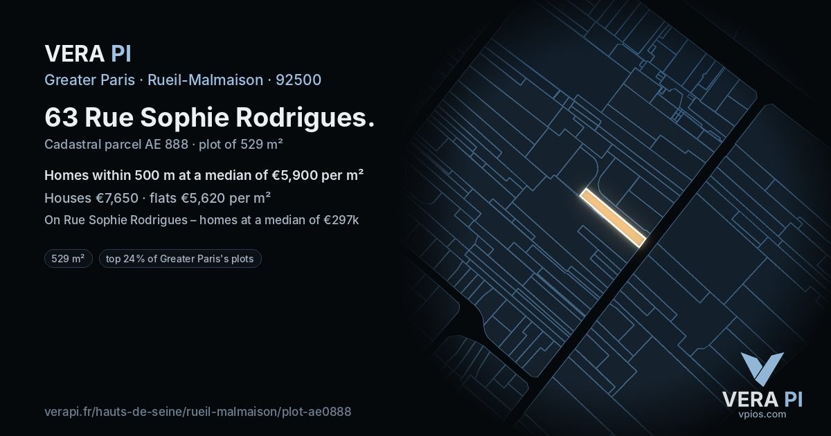 63 Rue Sophie Rodrigues, Rueil-Malmaison at night – the plot lit, the parcels around coloured by the prices near them