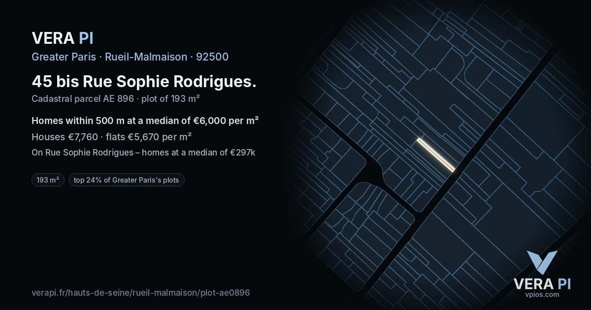 45 bis Rue Sophie Rodrigues, Rueil-Malmaison at night – the plot lit, the parcels around coloured by the prices near them
