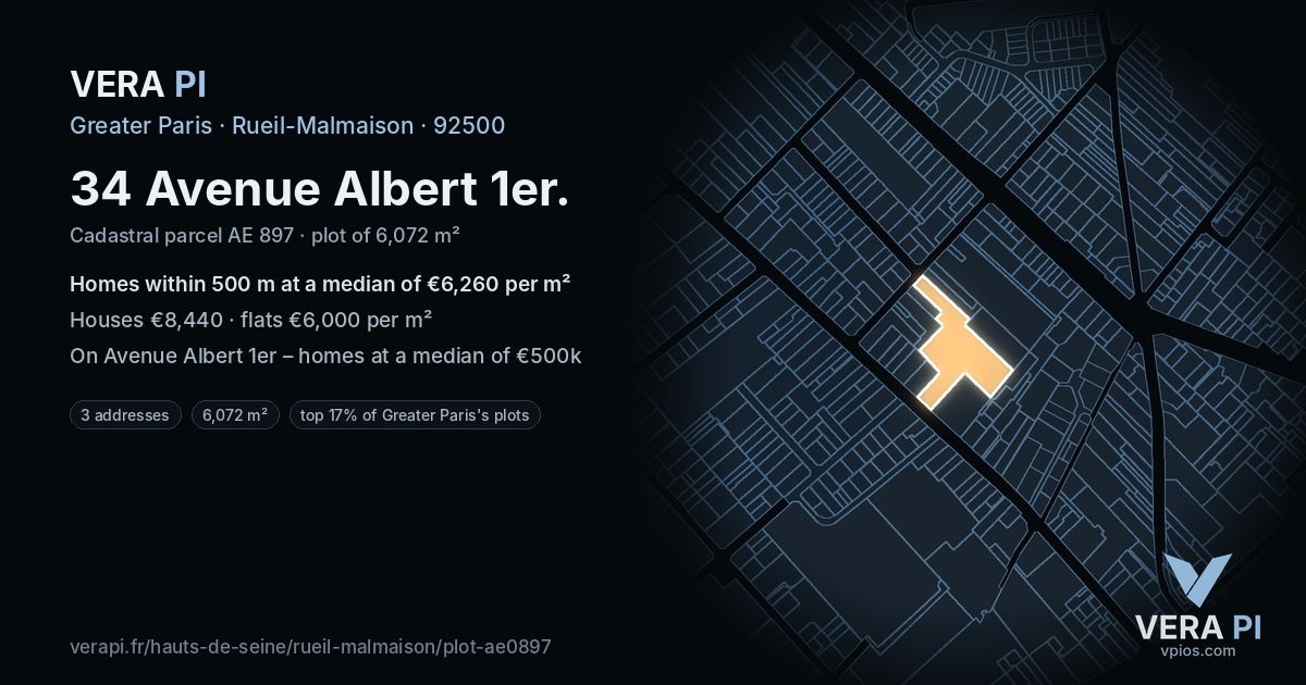34 Avenue Albert 1er, Rueil-Malmaison at night – the plot lit, the parcels around coloured by the prices near them