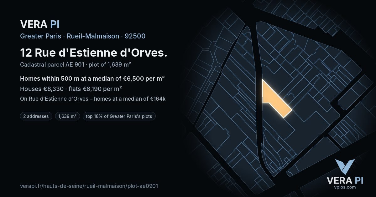 12 Rue d'Estienne d'Orves, Rueil-Malmaison at night – the plot lit, the parcels around coloured by the prices near them