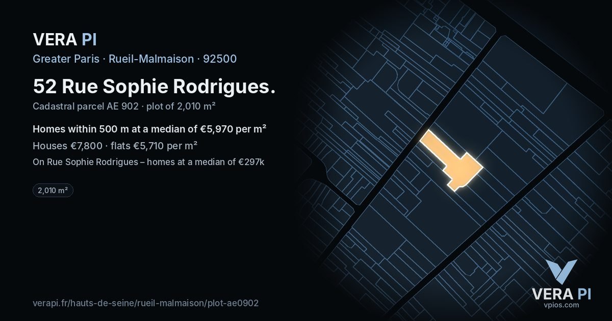 52 Rue Sophie Rodrigues, Rueil-Malmaison at night – the plot lit, the parcels around coloured by the prices near them