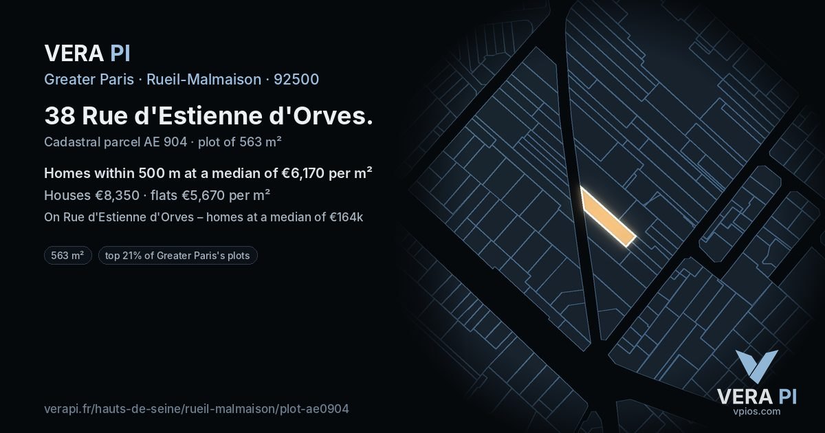 38 Rue d'Estienne d'Orves, Rueil-Malmaison at night – the plot lit, the parcels around coloured by the prices near them