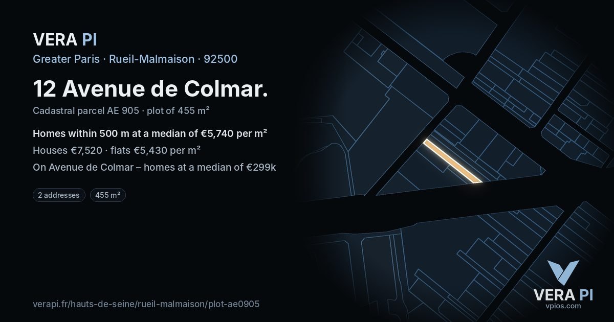 12 Avenue de Colmar, Rueil-Malmaison at night – the plot lit, the parcels around coloured by the prices near them
