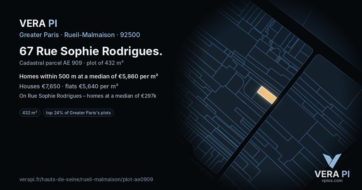 67 Rue Sophie Rodrigues, Rueil-Malmaison at night – the plot lit, the parcels around coloured by the prices near them