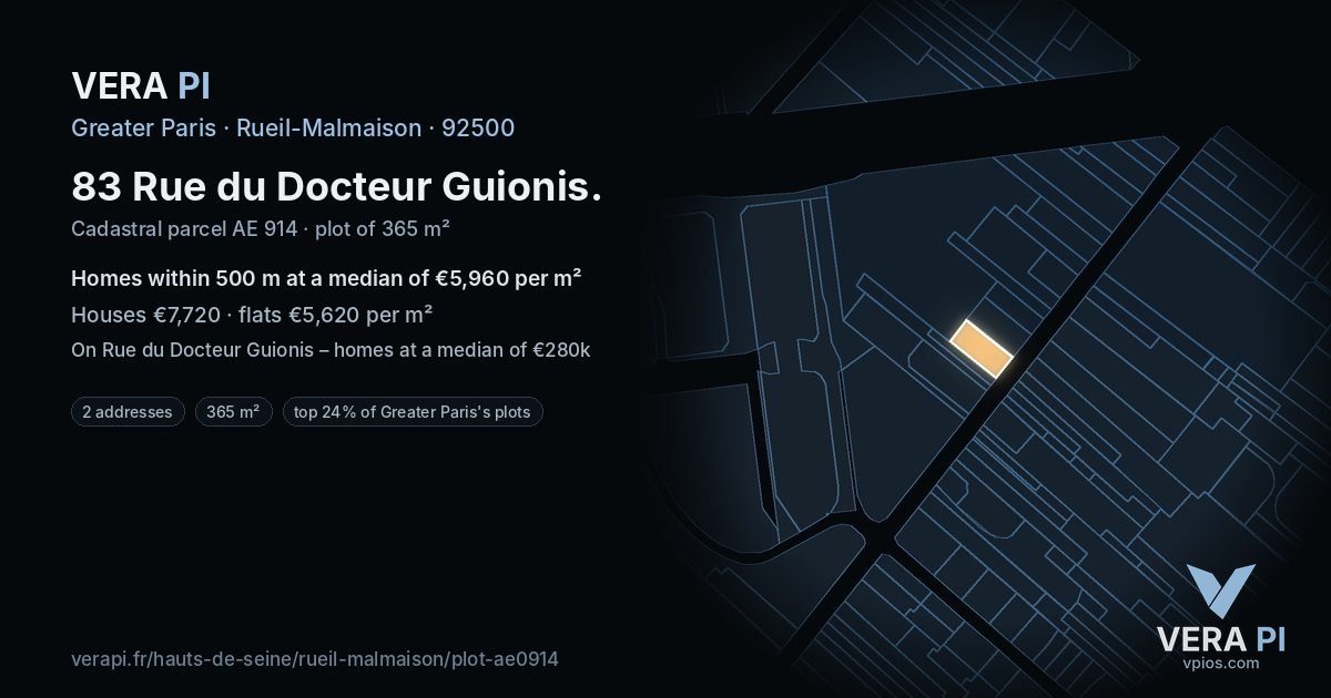 83 Rue du Docteur Guionis, Rueil-Malmaison at night – the plot lit, the parcels around coloured by the prices near them