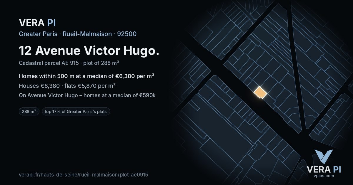 12 Avenue Victor Hugo, Rueil-Malmaison at night – the plot lit, the parcels around coloured by the prices near them