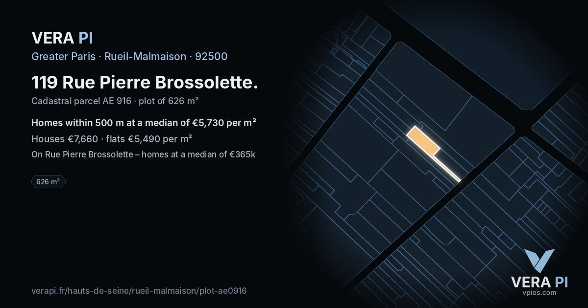 119 Rue Pierre Brossolette, Rueil-Malmaison at night – the plot lit, the parcels around coloured by the prices near them