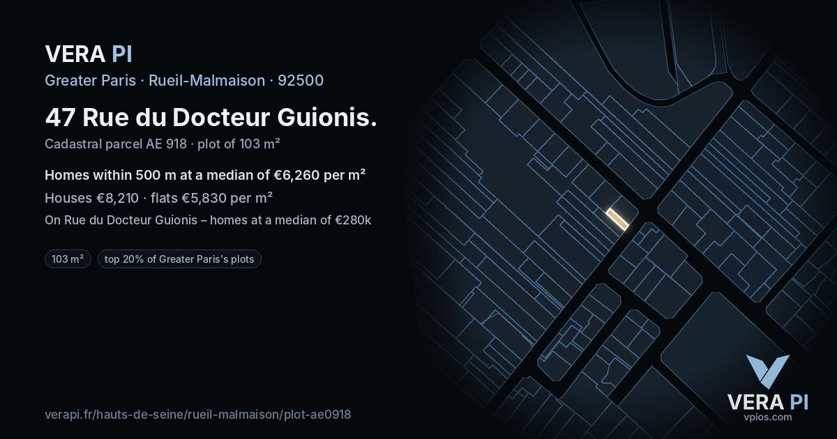 47 Rue du Docteur Guionis, Rueil-Malmaison at night – the plot lit, the parcels around coloured by the prices near them