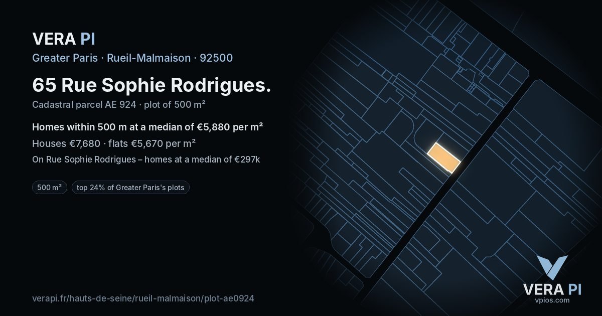 65 Rue Sophie Rodrigues, Rueil-Malmaison at night – the plot lit, the parcels around coloured by the prices near them