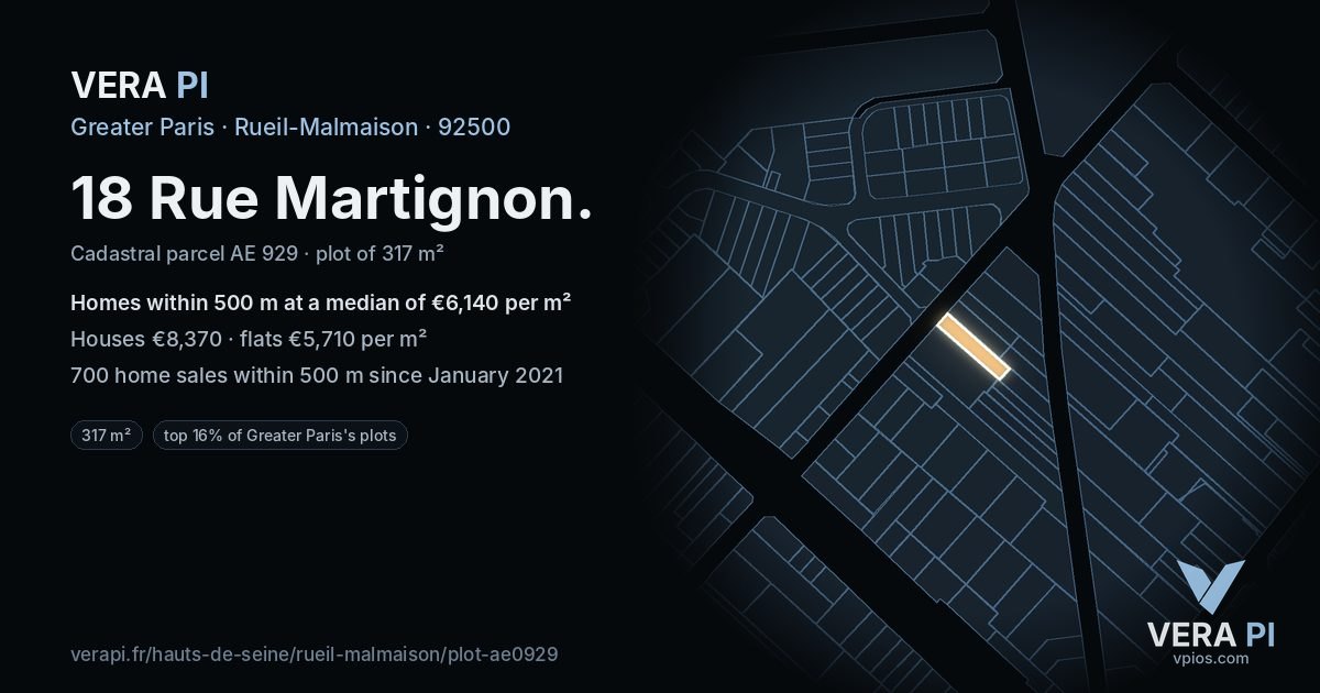 18 Rue Martignon, Rueil-Malmaison at night – the plot lit, the parcels around coloured by the prices near them