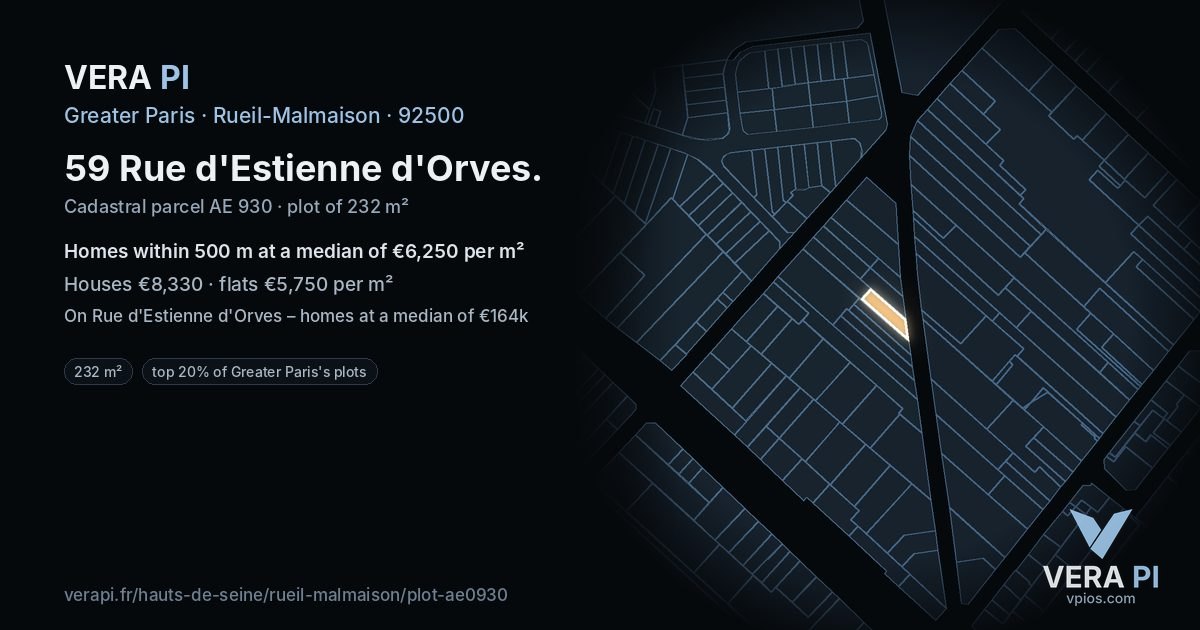 59 Rue d'Estienne d'Orves, Rueil-Malmaison at night – the plot lit, the parcels around coloured by the prices near them