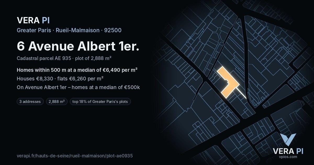 6 Avenue Albert 1er, Rueil-Malmaison at night – the plot lit, the parcels around coloured by the prices near them