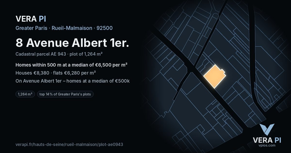 8 Avenue Albert 1er, Rueil-Malmaison at night – the plot lit, the parcels around coloured by the prices near them