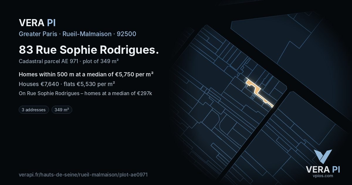 83 Rue Sophie Rodrigues, Rueil-Malmaison at night – the plot lit, the parcels around coloured by the prices near them