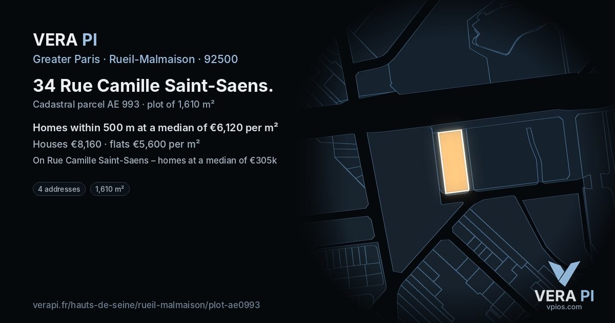 34 Rue Camille Saint-Saens, Rueil-Malmaison at night – the plot lit, the parcels around coloured by the prices near them