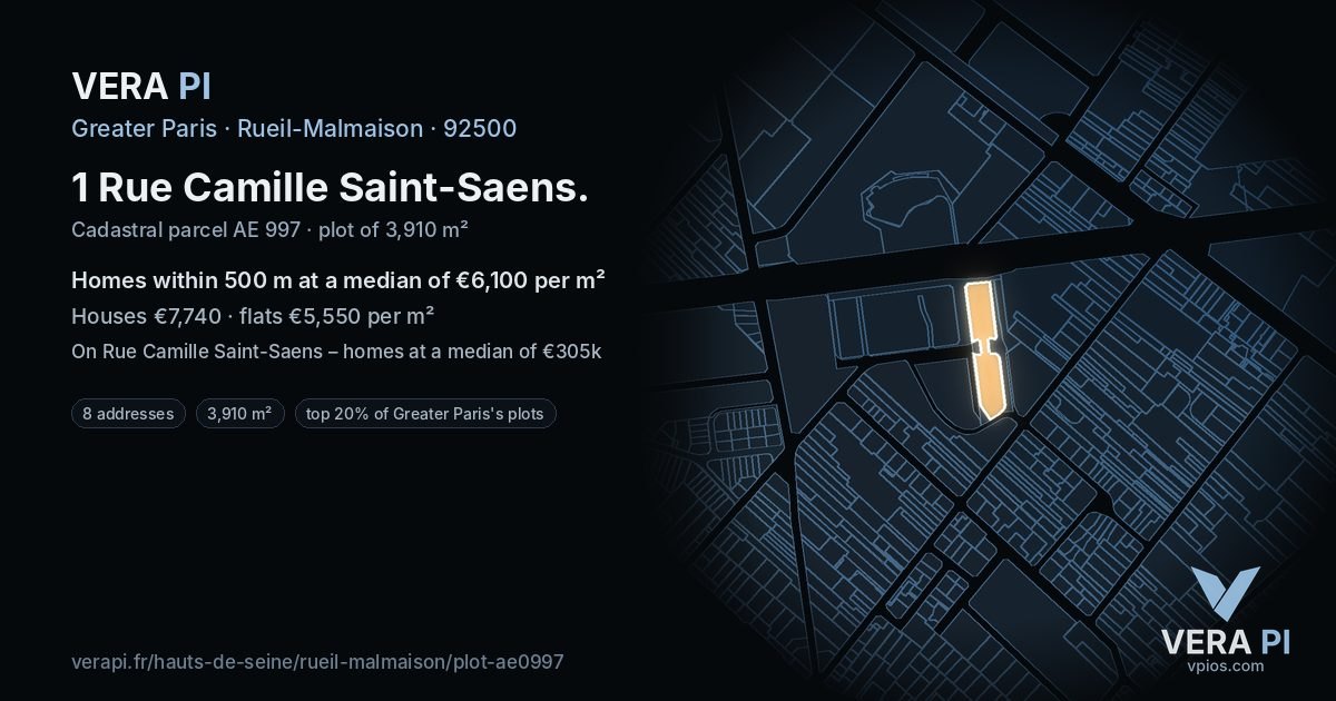 1 Rue Camille Saint-Saens, Rueil-Malmaison at night – the plot lit, the parcels around coloured by the prices near them