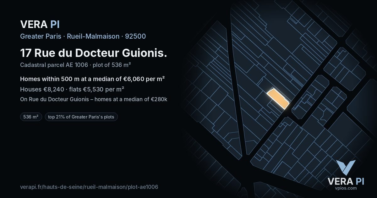 17 Rue du Docteur Guionis, Rueil-Malmaison at night – the plot lit, the parcels around coloured by the prices near them
