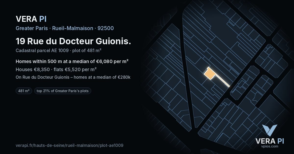 19 Rue du Docteur Guionis, Rueil-Malmaison at night – the plot lit, the parcels around coloured by the prices near them