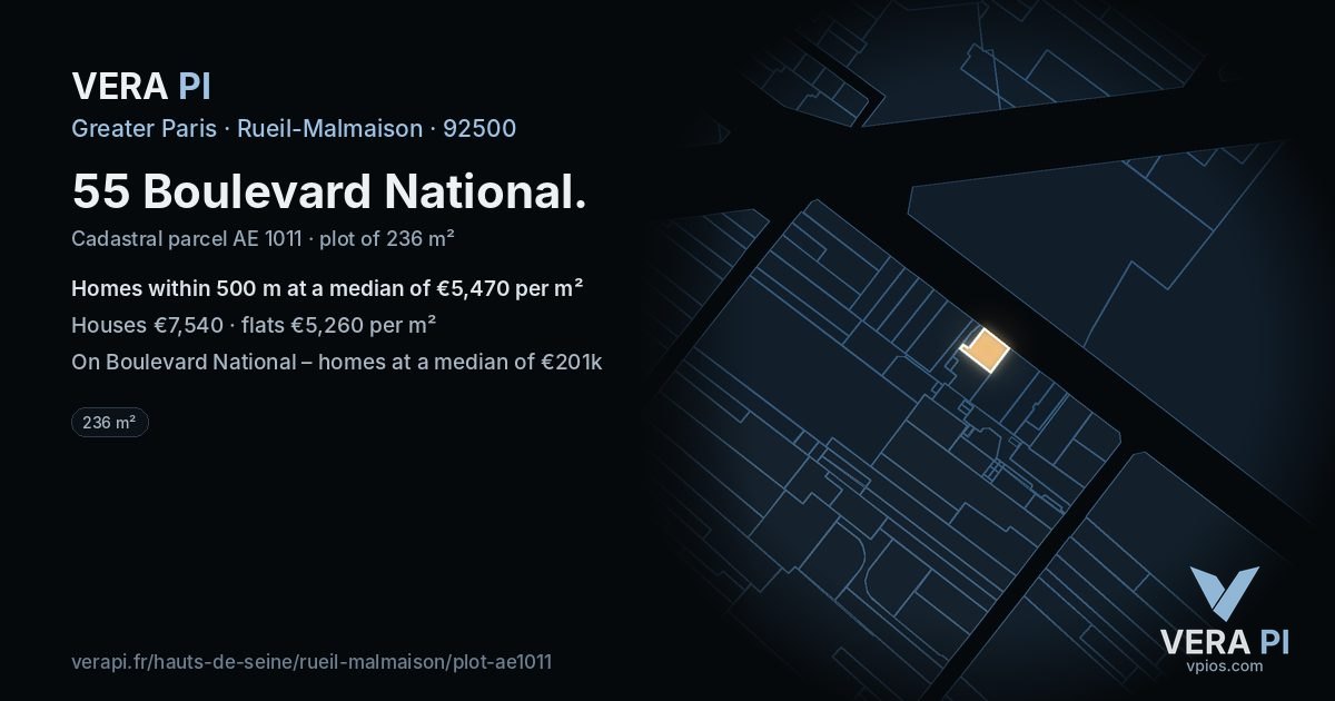 55 Boulevard National, Rueil-Malmaison at night – the plot lit, the parcels around coloured by the prices near them