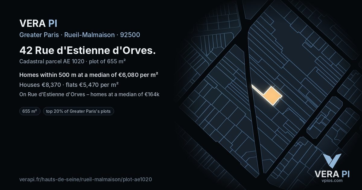 42 Rue d'Estienne d'Orves, Rueil-Malmaison at night – the plot lit, the parcels around coloured by the prices near them