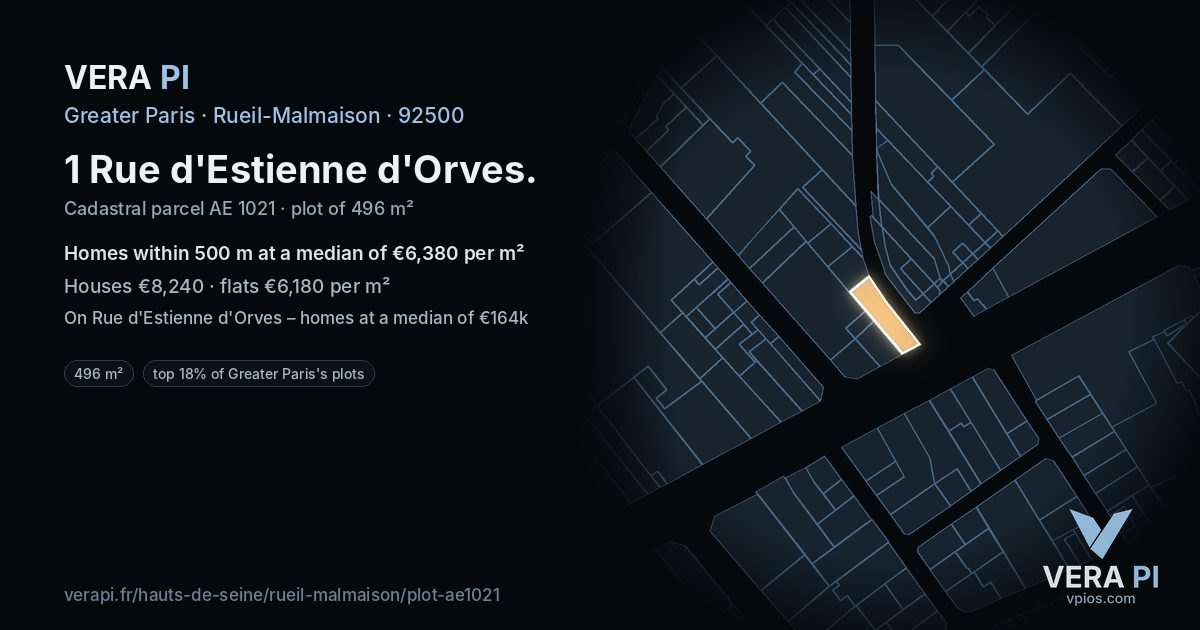 1 Rue d'Estienne d'Orves, Rueil-Malmaison at night – the plot lit, the parcels around coloured by the prices near them