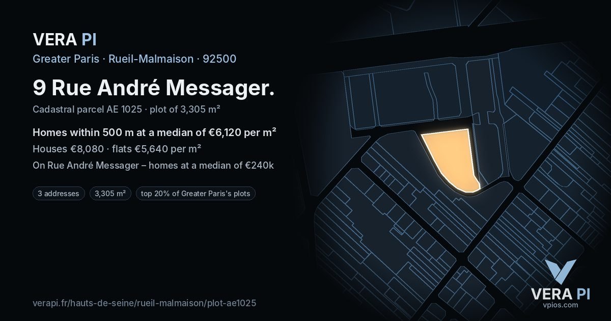 9 Rue André Messager, Rueil-Malmaison at night – the plot lit, the parcels around coloured by the prices near them