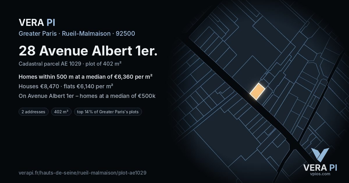 28 Avenue Albert 1er, Rueil-Malmaison at night – the plot lit, the parcels around coloured by the prices near them