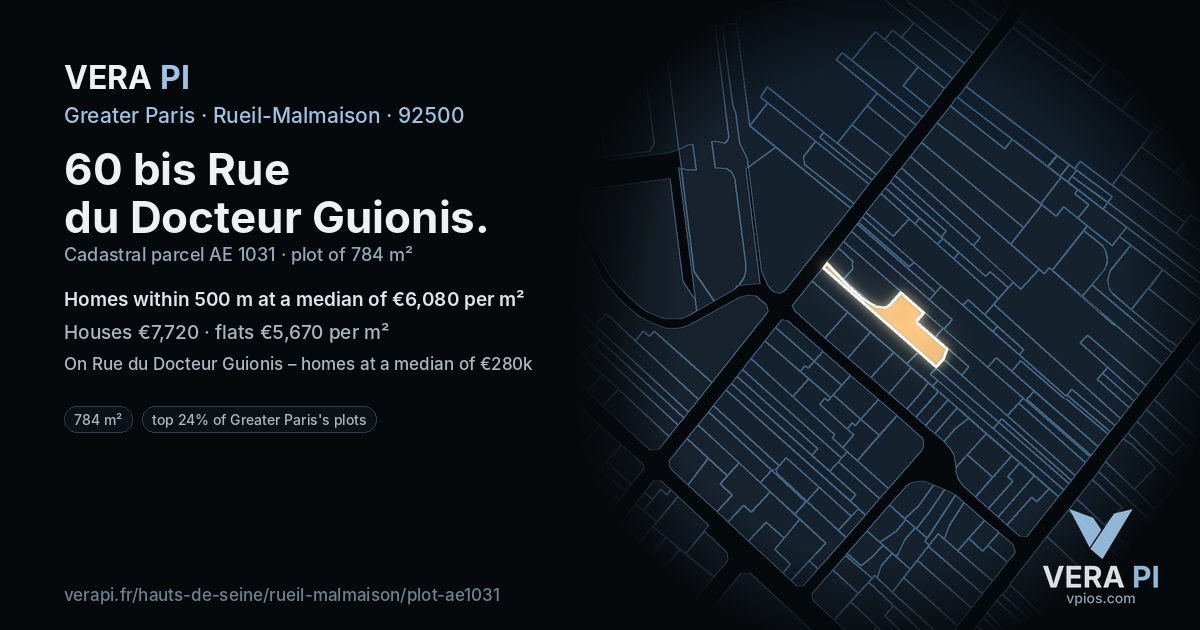 60 bis Rue du Docteur Guionis, Rueil-Malmaison at night – the plot lit, the parcels around coloured by the prices near them