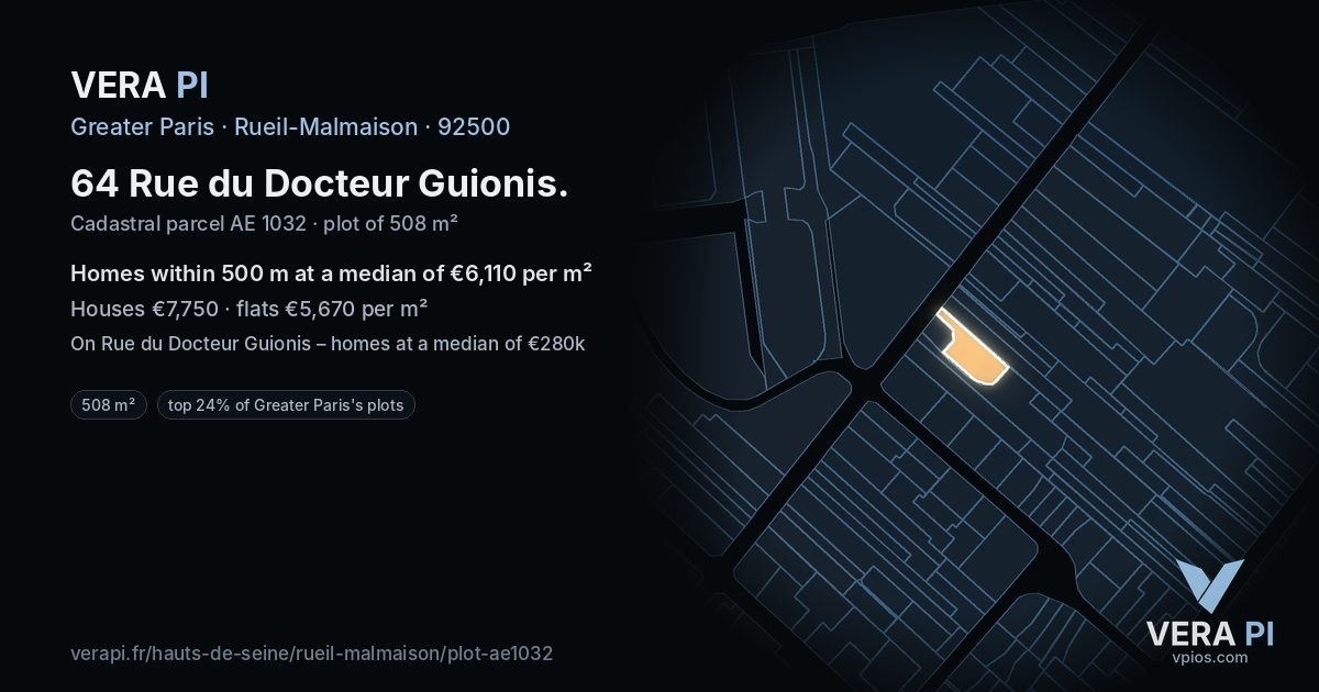64 Rue du Docteur Guionis, Rueil-Malmaison at night – the plot lit, the parcels around coloured by the prices near them