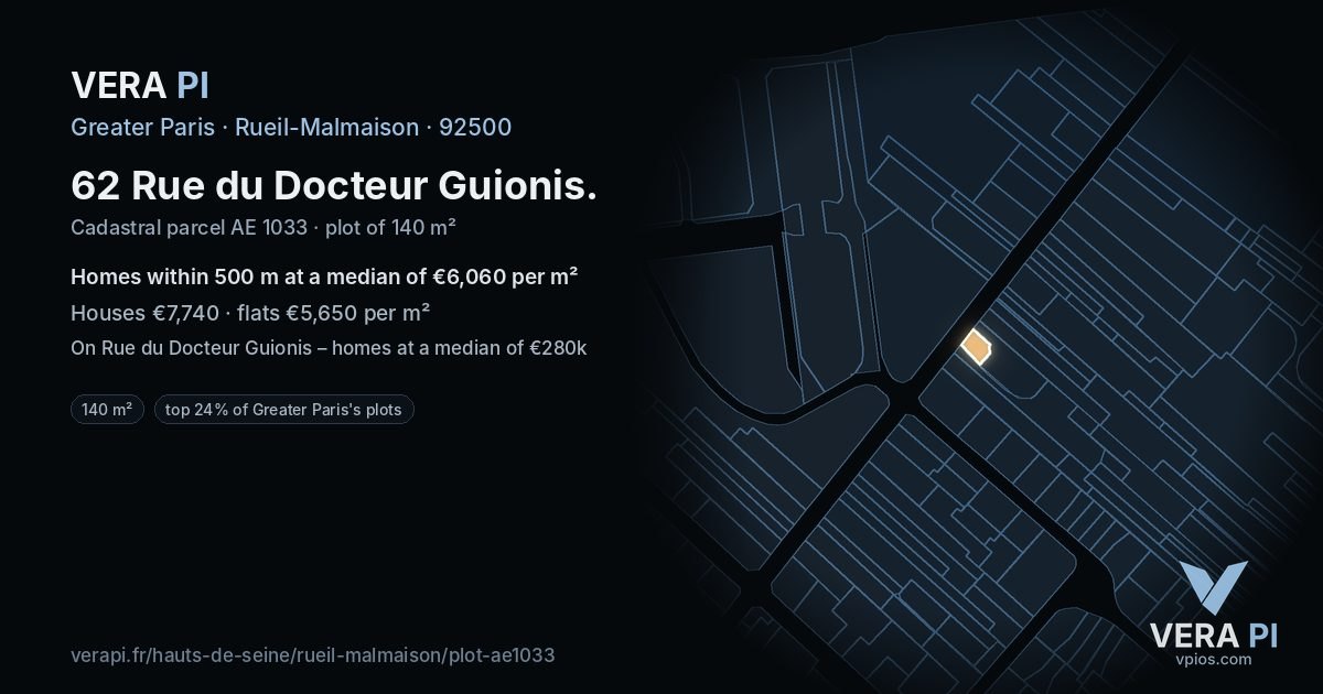62 Rue du Docteur Guionis, Rueil-Malmaison at night – the plot lit, the parcels around coloured by the prices near them