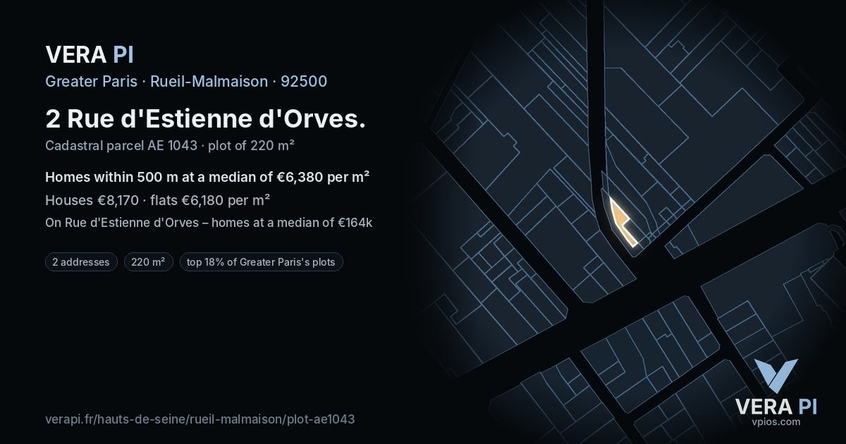 2 Rue d'Estienne d'Orves, Rueil-Malmaison at night – the plot lit, the parcels around coloured by the prices near them
