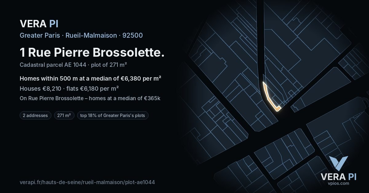 1 Rue Pierre Brossolette, Rueil-Malmaison at night – the plot lit, the parcels around coloured by the prices near them