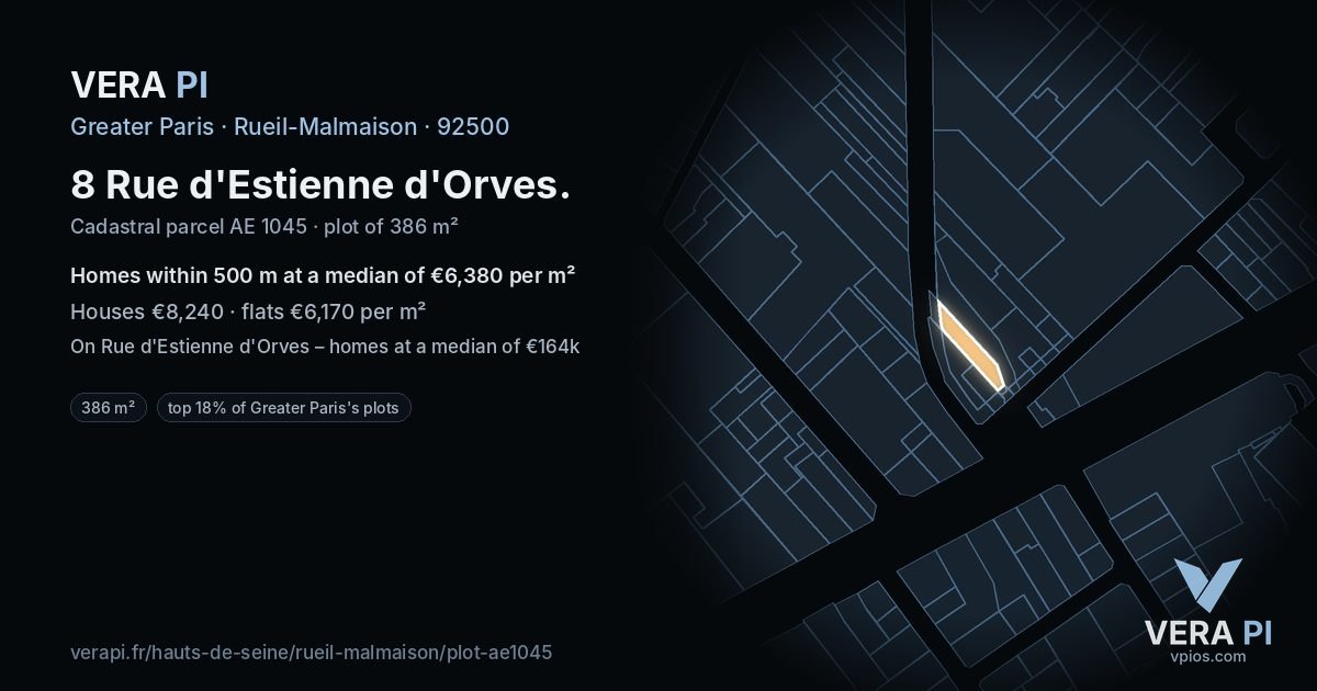 8 Rue d'Estienne d'Orves, Rueil-Malmaison at night – the plot lit, the parcels around coloured by the prices near them