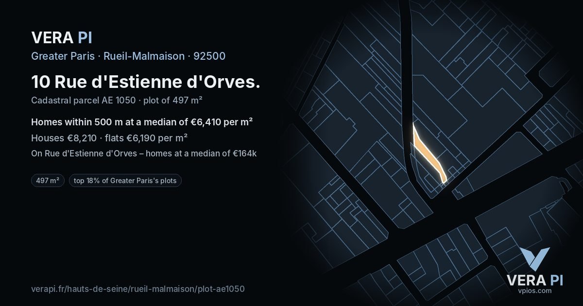 10 Rue d'Estienne d'Orves, Rueil-Malmaison at night – the plot lit, the parcels around coloured by the prices near them