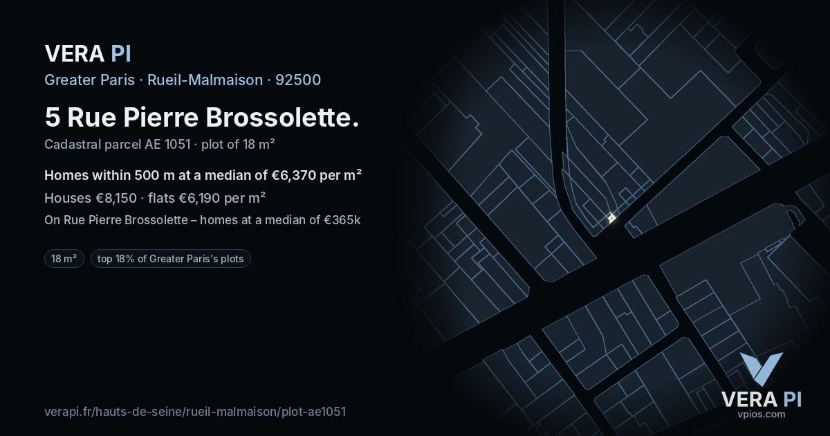 5 Rue Pierre Brossolette, Rueil-Malmaison at night – the plot lit, the parcels around coloured by the prices near them