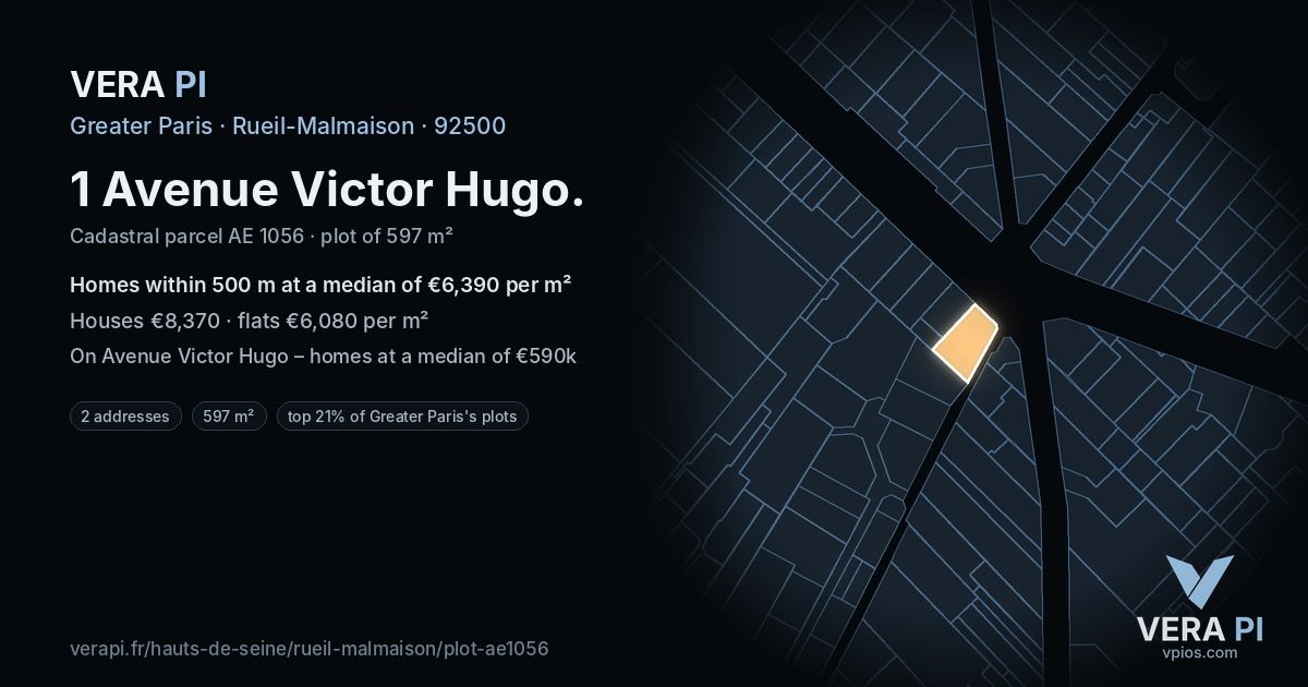 1 Avenue Victor Hugo, Rueil-Malmaison at night – the plot lit, the parcels around coloured by the prices near them