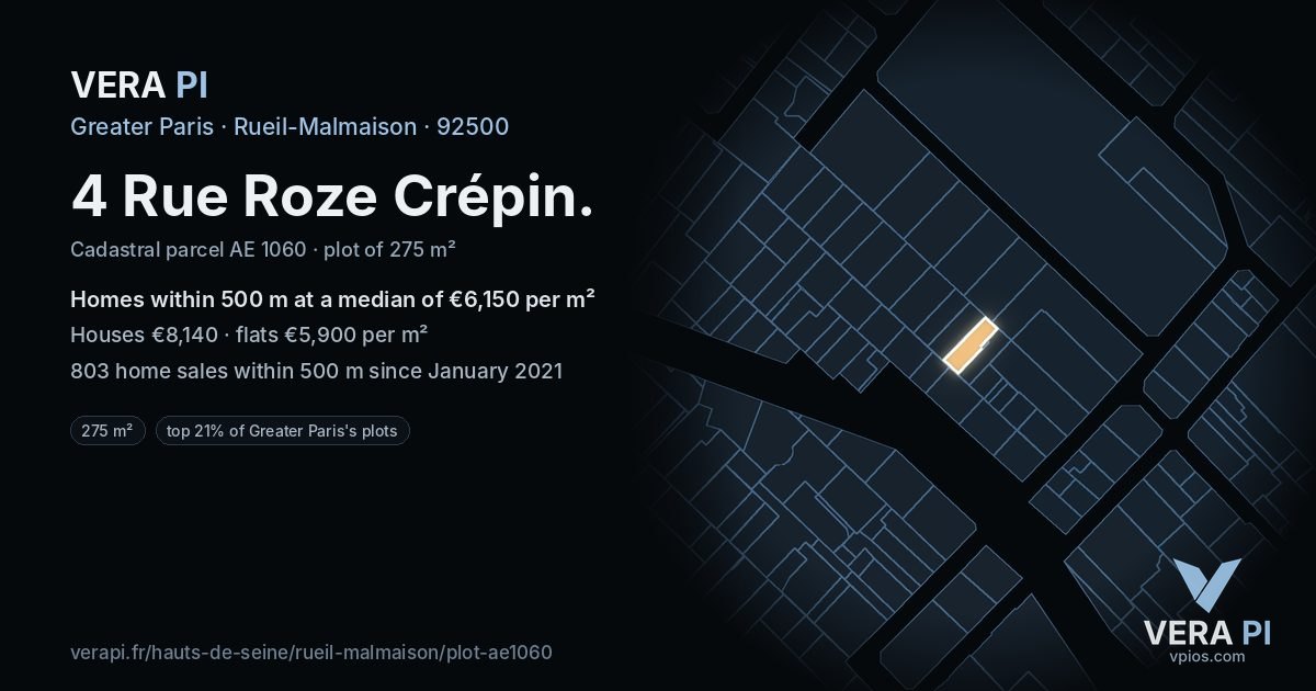 4 Rue Roze Crépin, Rueil-Malmaison at night – the plot lit, the parcels around coloured by the prices near them