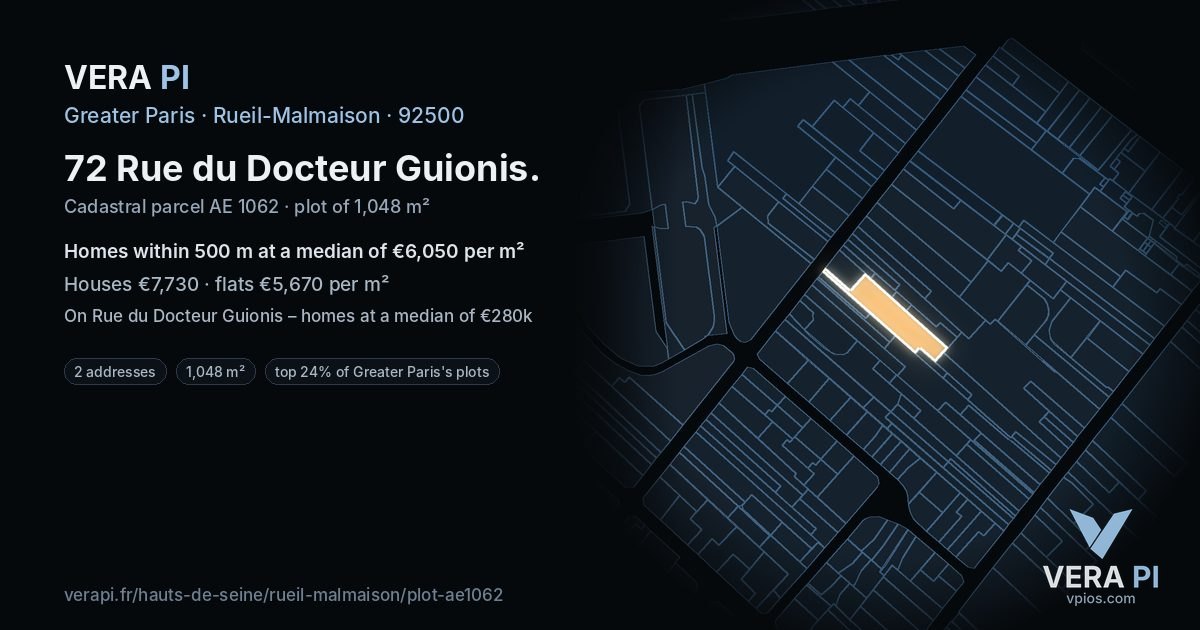 72 Rue du Docteur Guionis, Rueil-Malmaison at night – the plot lit, the parcels around coloured by the prices near them