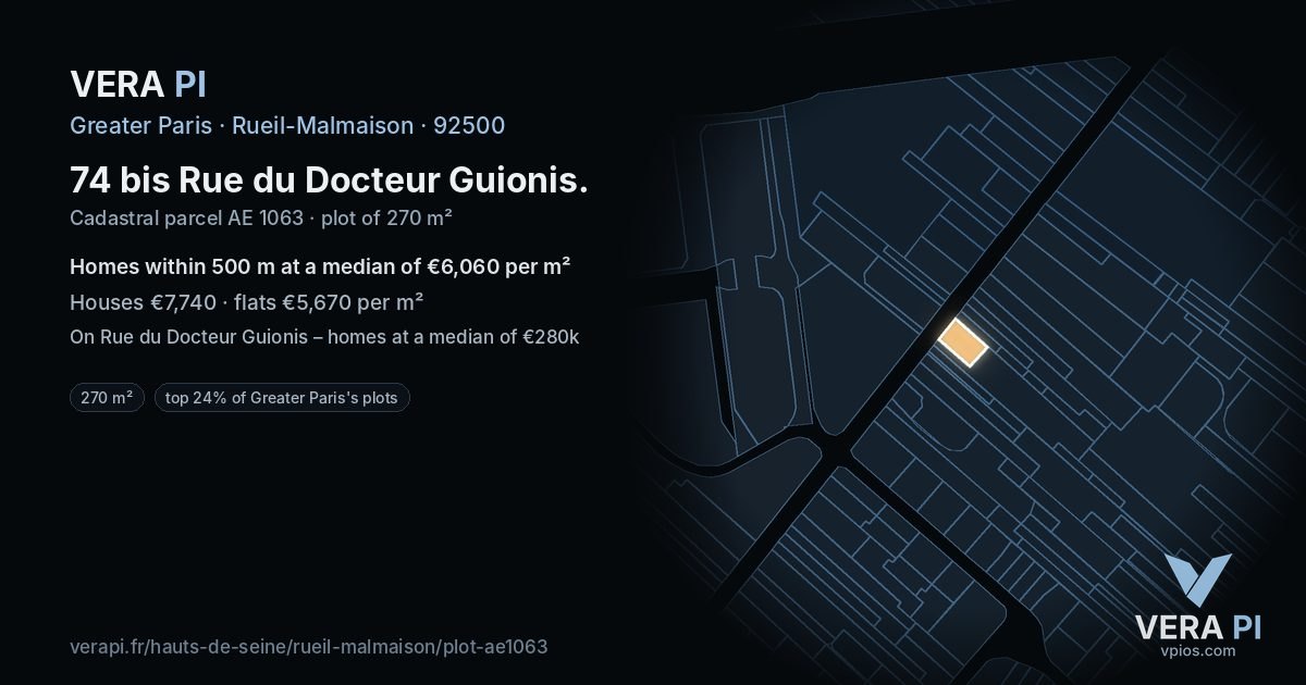 74 bis Rue du Docteur Guionis, Rueil-Malmaison at night – the plot lit, the parcels around coloured by the prices near them