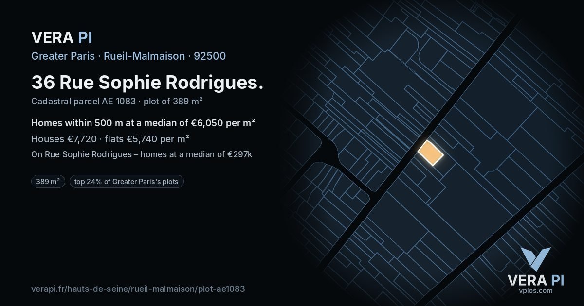 36 Rue Sophie Rodrigues, Rueil-Malmaison at night – the plot lit, the parcels around coloured by the prices near them