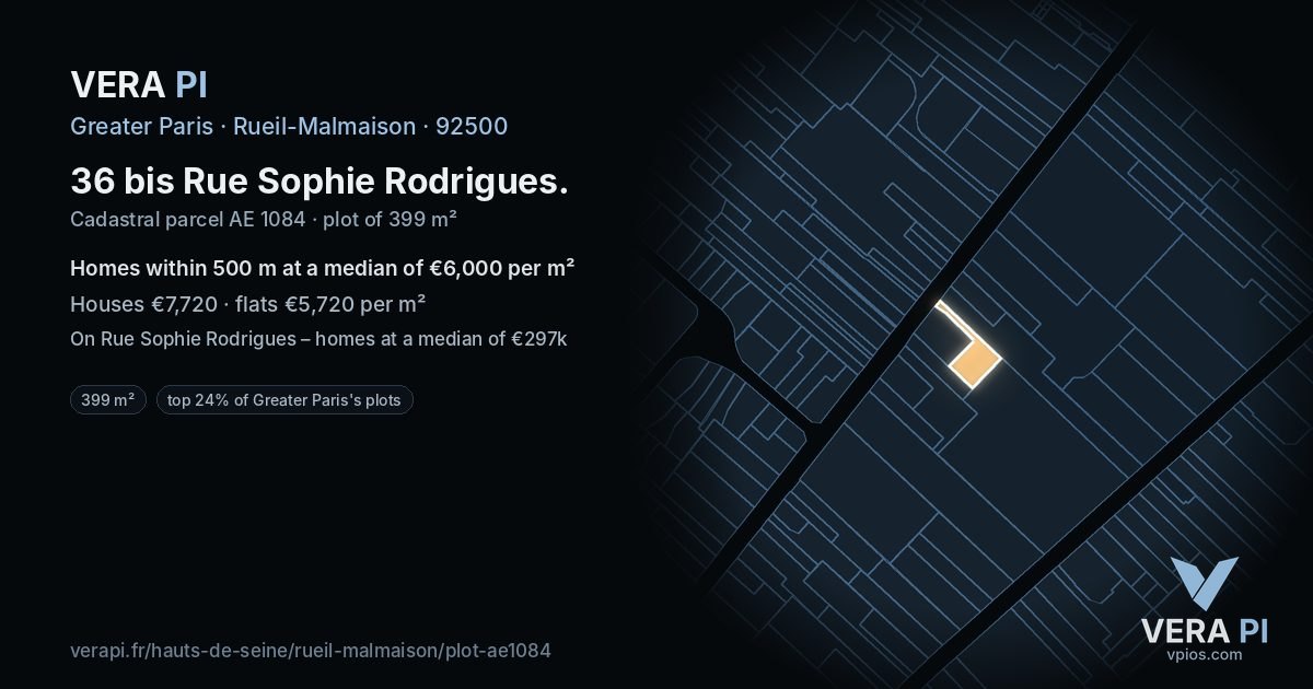 36 bis Rue Sophie Rodrigues, Rueil-Malmaison at night – the plot lit, the parcels around coloured by the prices near them