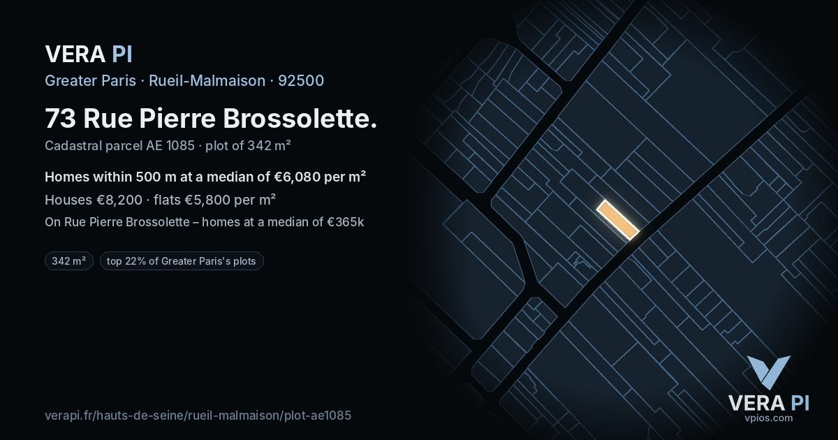 73 Rue Pierre Brossolette, Rueil-Malmaison at night – the plot lit, the parcels around coloured by the prices near them