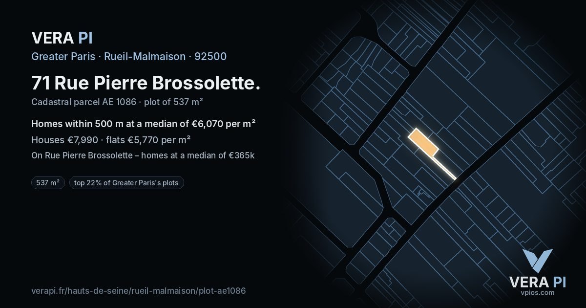 71 Rue Pierre Brossolette, Rueil-Malmaison at night – the plot lit, the parcels around coloured by the prices near them