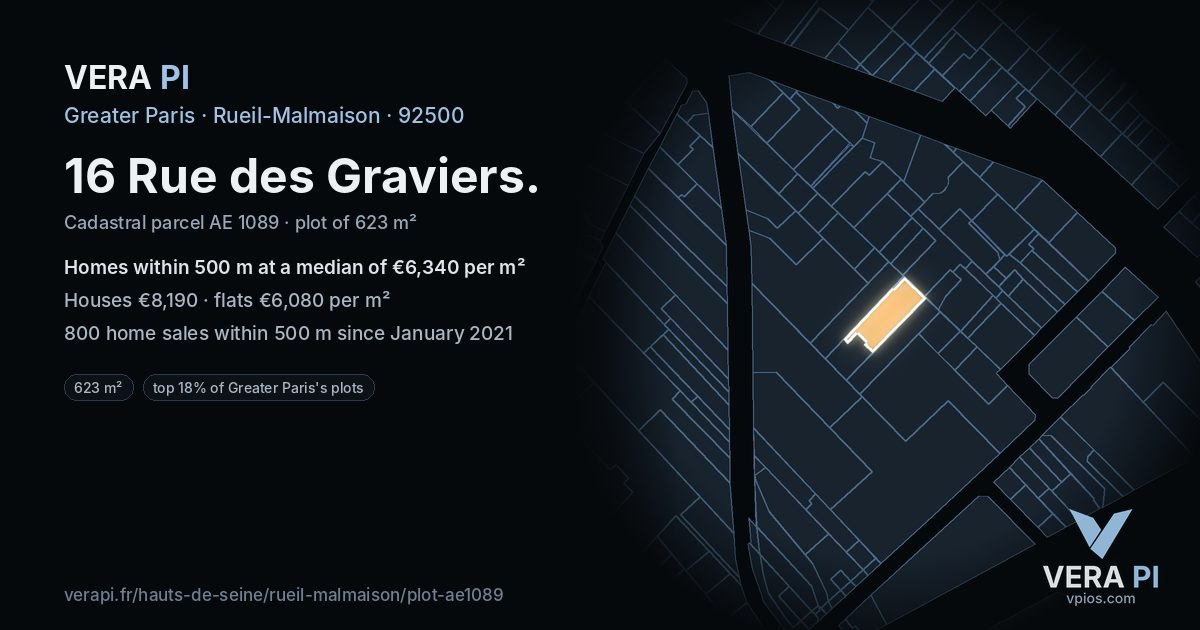 16 Rue des Graviers, Rueil-Malmaison at night – the plot lit, the parcels around coloured by the prices near them