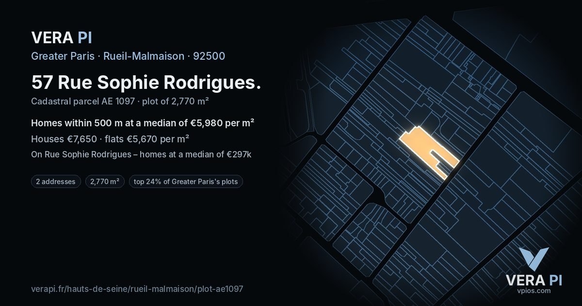 57 Rue Sophie Rodrigues, Rueil-Malmaison at night – the plot lit, the parcels around coloured by the prices near them