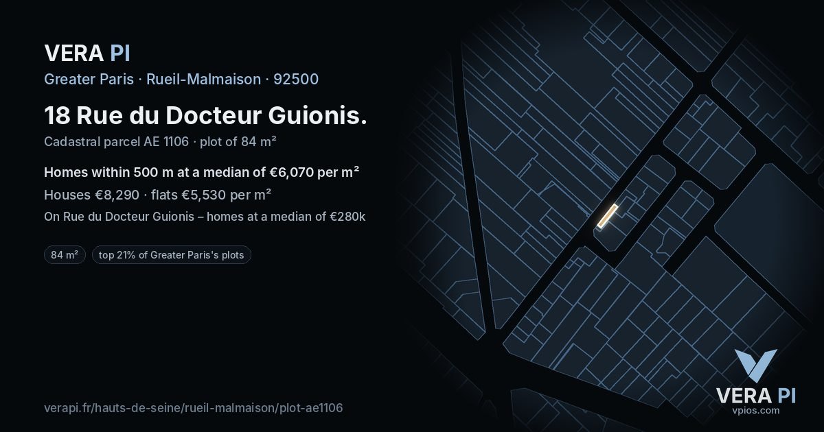 18 Rue du Docteur Guionis, Rueil-Malmaison at night – the plot lit, the parcels around coloured by the prices near them